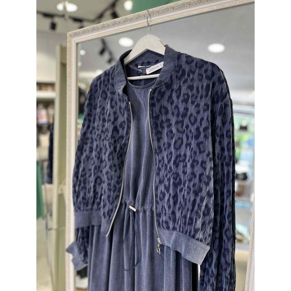 PUANE LEOPAR DESENLİ İPEK CUPRA ELBİSE 12612 - LACİVERT - L