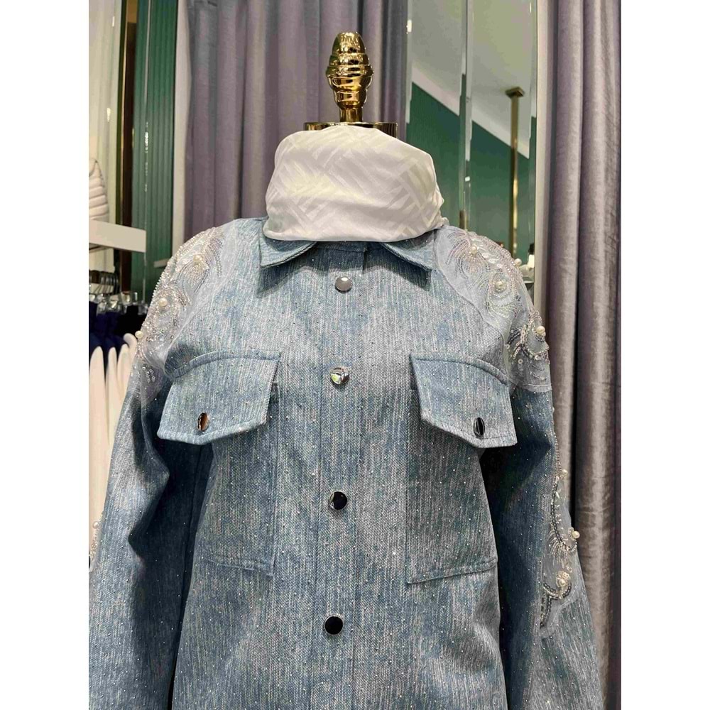 SELİNADA OMUZ İŞLEMELİ KOT CEKET - AÇIK MAVİ - 44