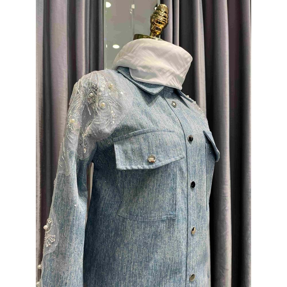 SELİNADA OMUZ İŞLEMELİ KOT CEKET - AÇIK MAVİ - 44