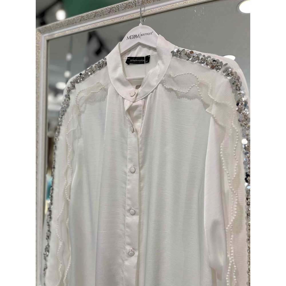 SELİNADA SATEN TUNİK PAYET ÇİÇEK DETAYLI 3151 - BEYAZ - 44