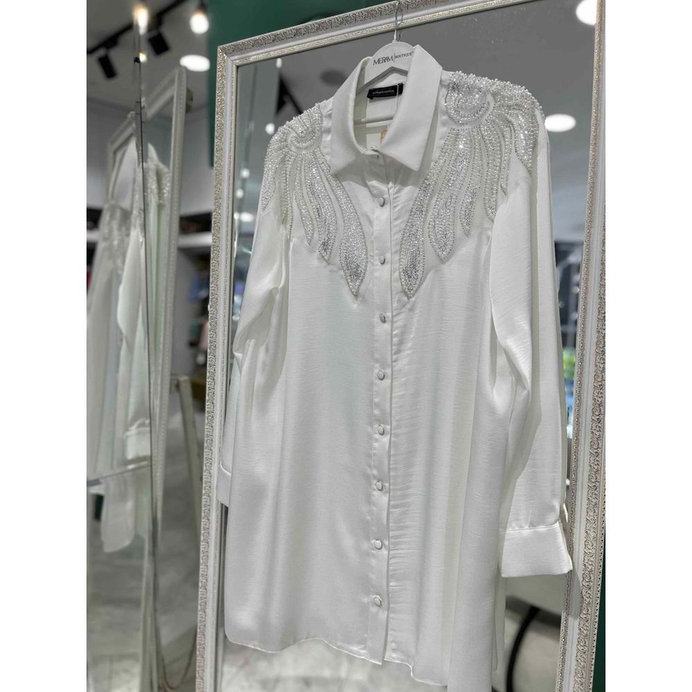 SELİNADA SATEN TUNİK ÇİFT OMUZ BONCUKLU 3155 - BEYAZ - 42