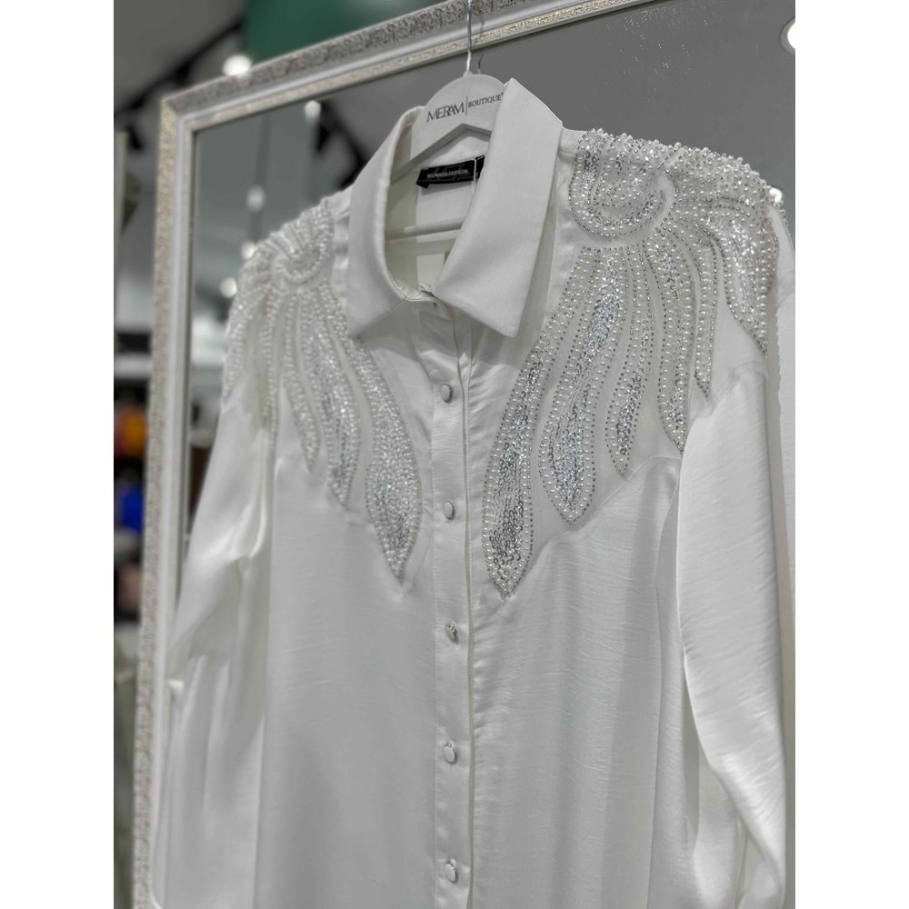 SELİNADA SATEN TUNİK ÇİFT OMUZ BONCUKLU 3155 - BEYAZ - 42