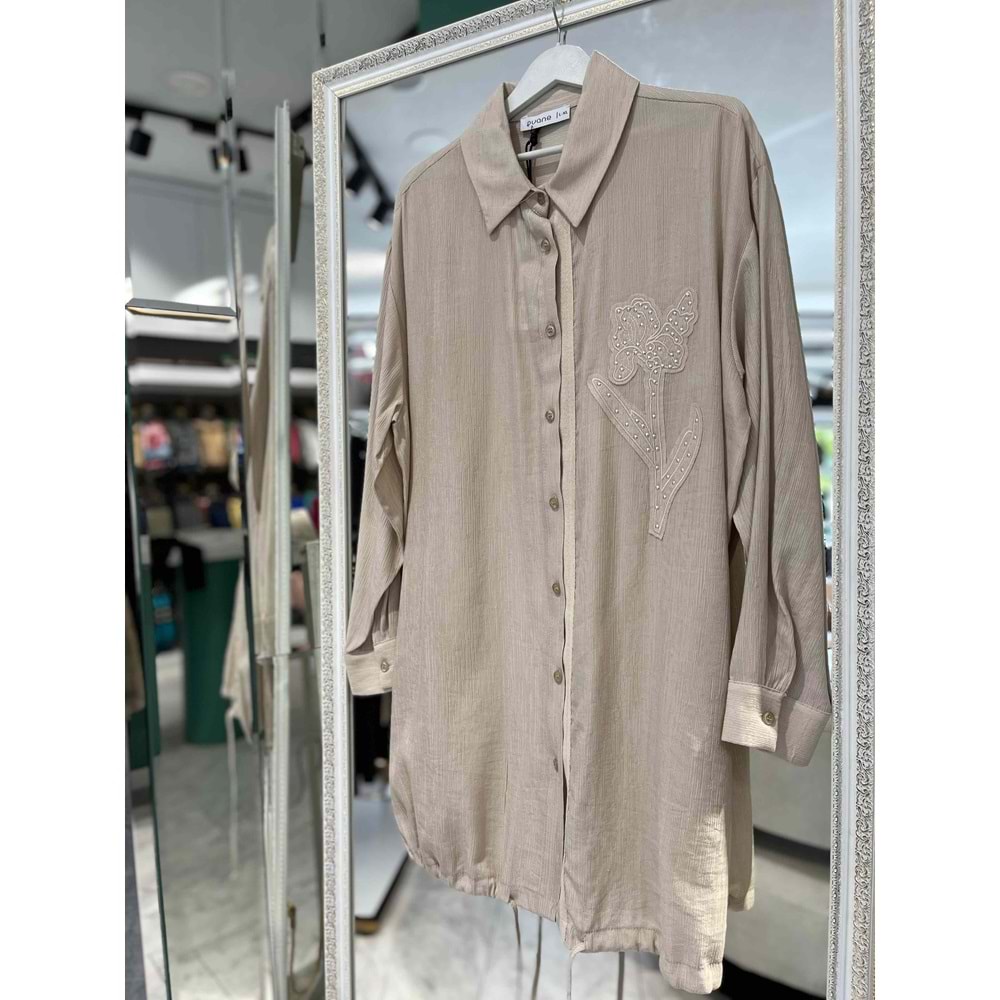 PUANE GÖMLEK GÜL İŞLEMELİ 10519 - BEJ - 1