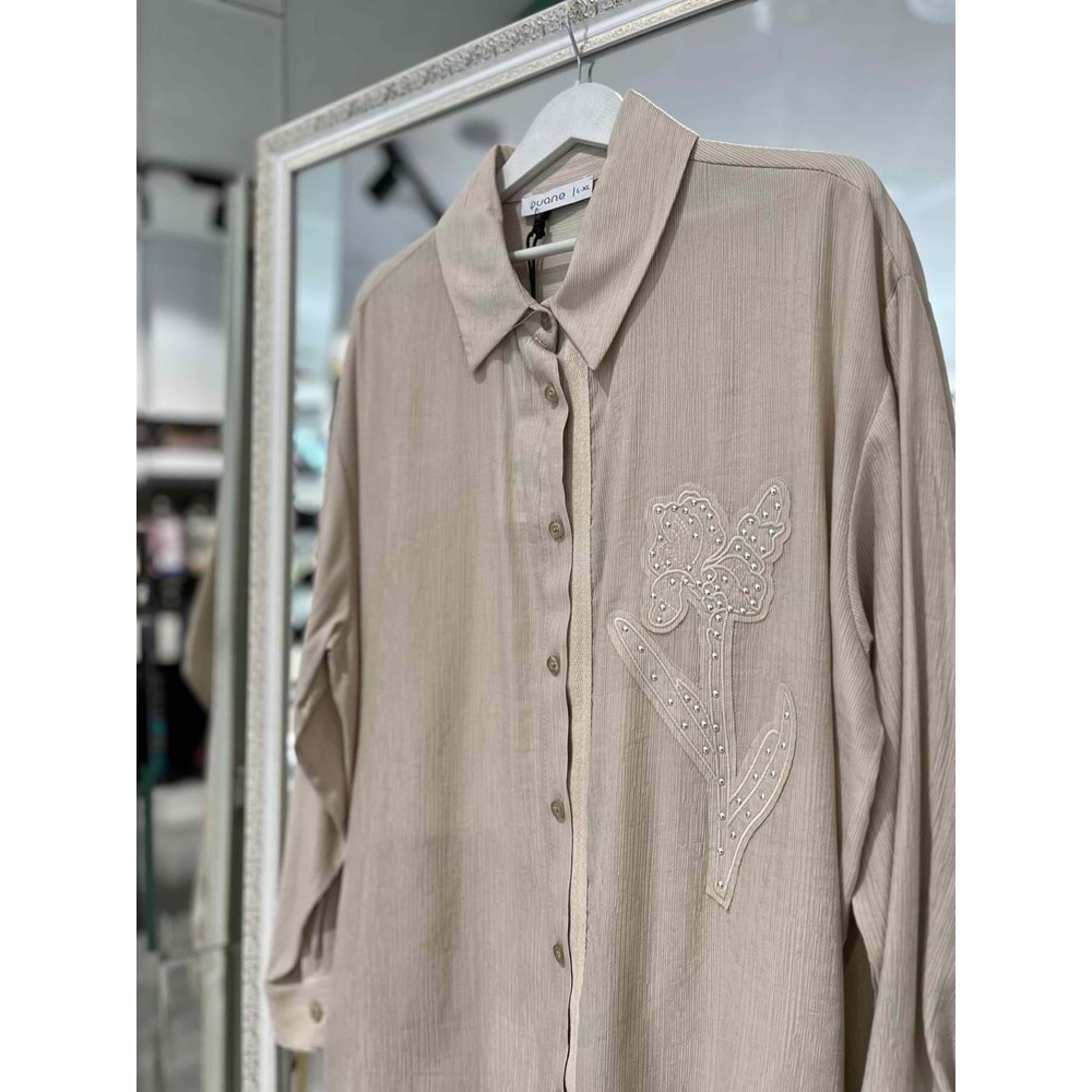 PUANE GÖMLEK GÜL İŞLEMELİ 10519 - BEJ - 1