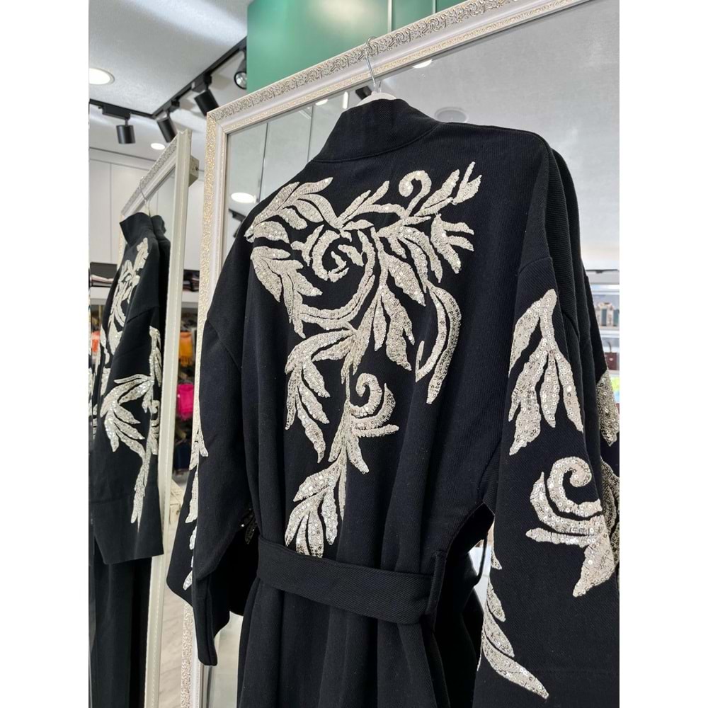 ADN İŞLEMELİ KİMONO PAMUK GABARDİN - SİYAH - (40-46 BEDEN UYUMLU)