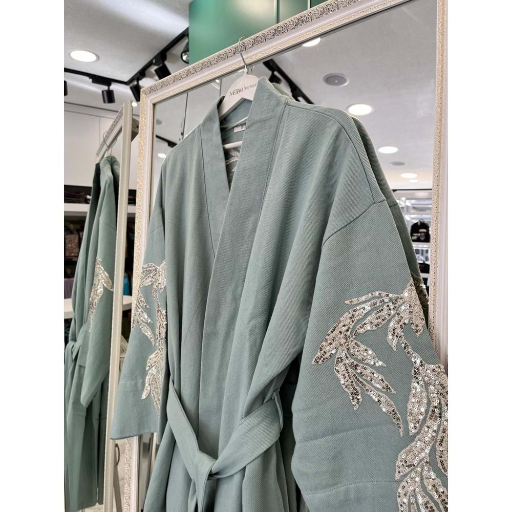 ADN İŞLEMELİ KİMONO PAMUK GABARDİN - MİNT YEŞİLİ - (40-46 BEDEN UYUMLU)