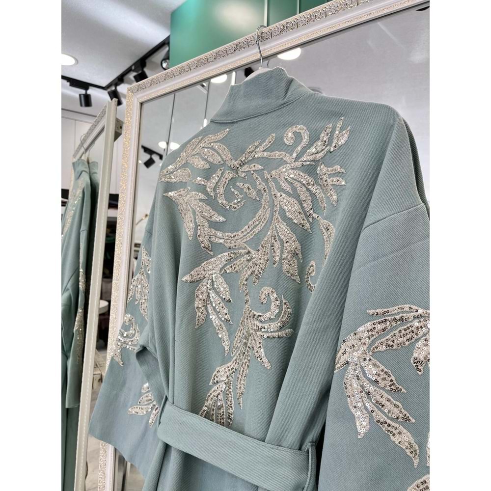 ADN İŞLEMELİ KİMONO PAMUK GABARDİN - MİNT YEŞİLİ - (40-46 BEDEN UYUMLU)