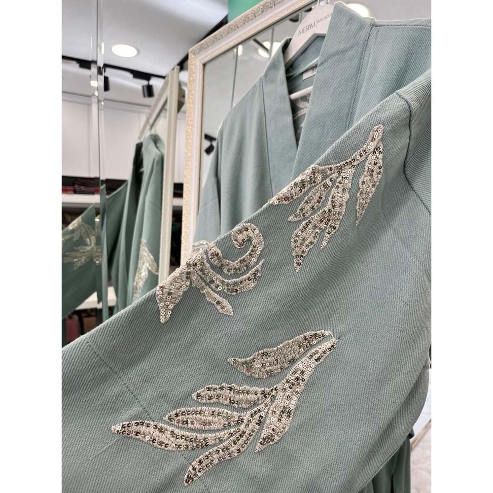 ADN İŞLEMELİ KİMONO PAMUK GABARDİN - MİNT YEŞİLİ - (40-46 BEDEN UYUMLU)