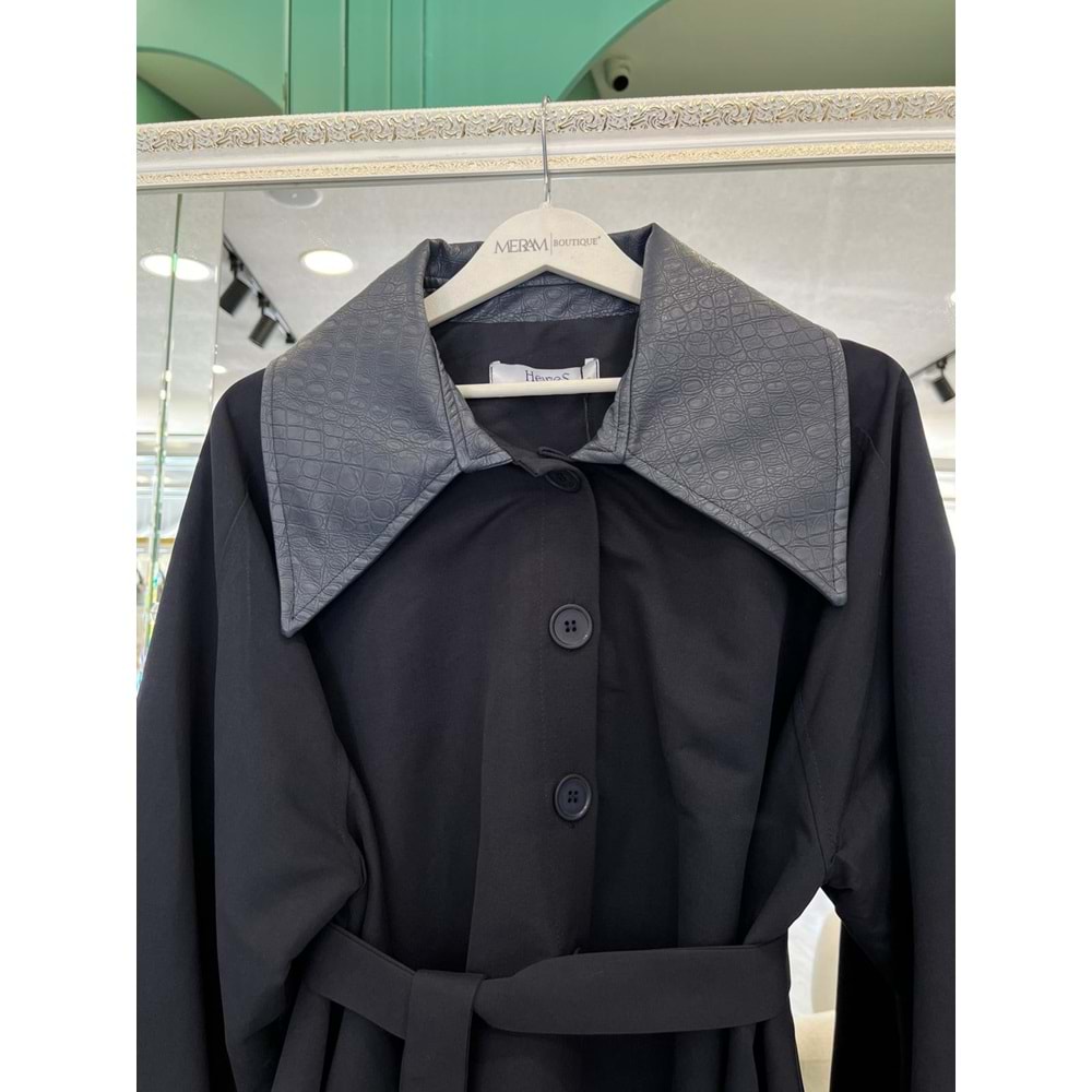 YAKA DERİ DETAYLI SUİT CEKET - LACİVERT - 1 (36-38 BEDEN UYUMLU OVERSİZE)