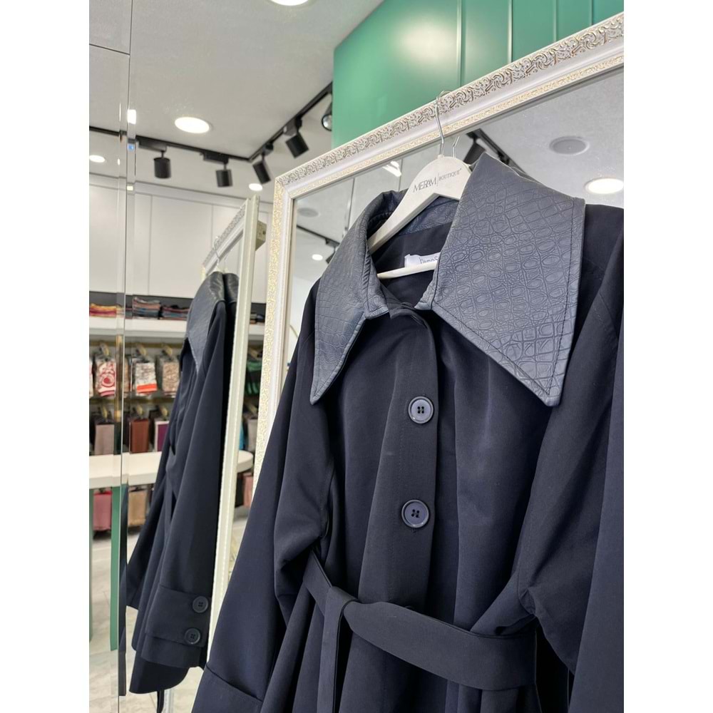 YAKA DERİ DETAYLI SUİT CEKET - LACİVERT - 1 (36-38 BEDEN UYUMLU OVERSİZE)