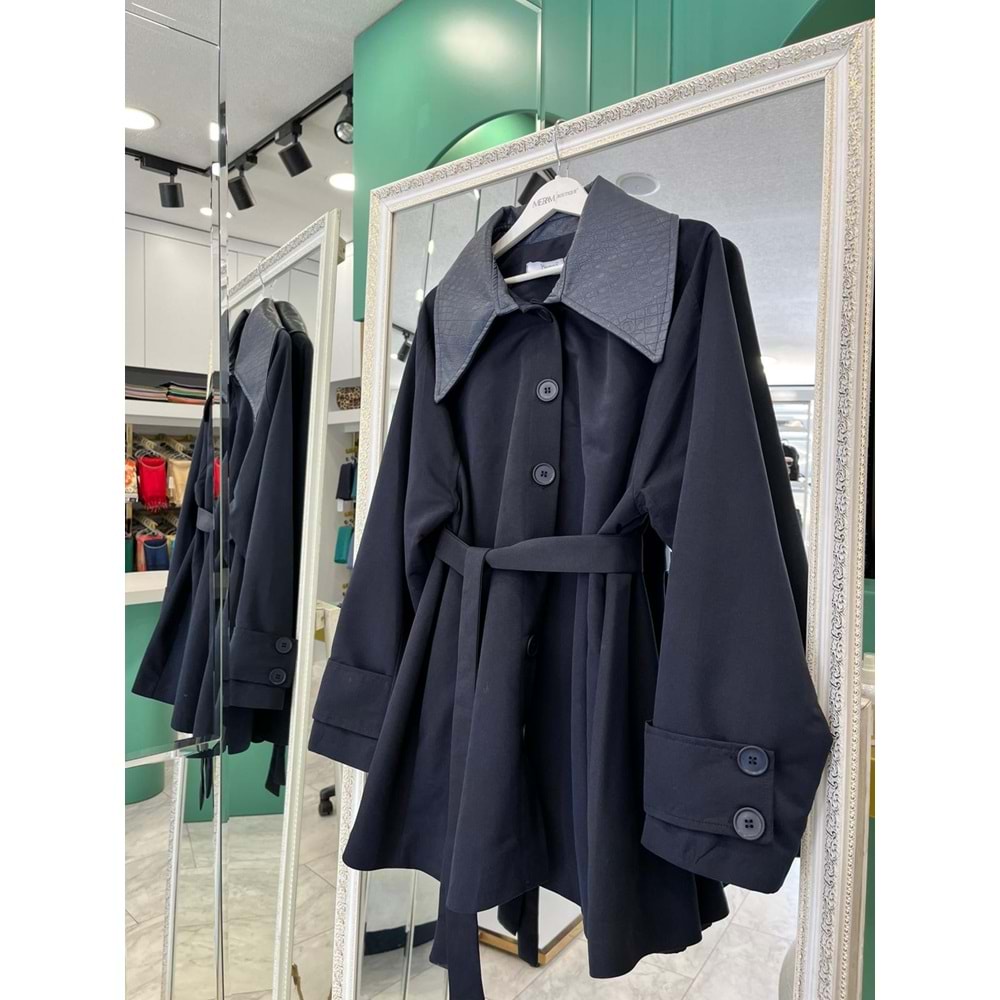 YAKA DERİ DETAYLI SUİT CEKET - LACİVERT - 2 (40-42 BEDEN UYUMLU OVERSİZE)