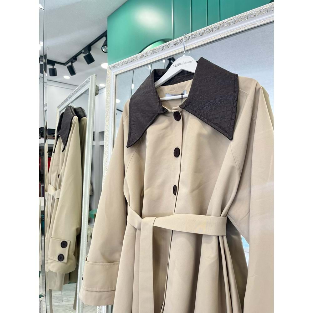 YAKA DERİ DETAYLI SUİT CEKET - BEJ - 1 (36-38 BEDEN UYUMLU OVERSİZE)