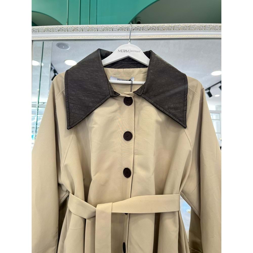 YAKA DERİ DETAYLI SUİT CEKET - BEJ - 1 (36-38 BEDEN UYUMLU OVERSİZE)