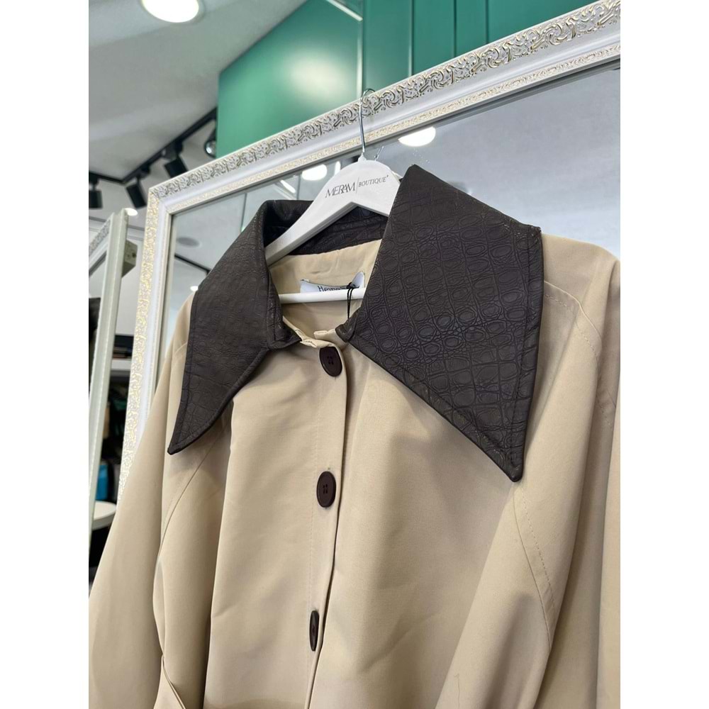 YAKA DERİ DETAYLI SUİT CEKET - BEJ - 1 (36-38 BEDEN UYUMLU OVERSİZE)