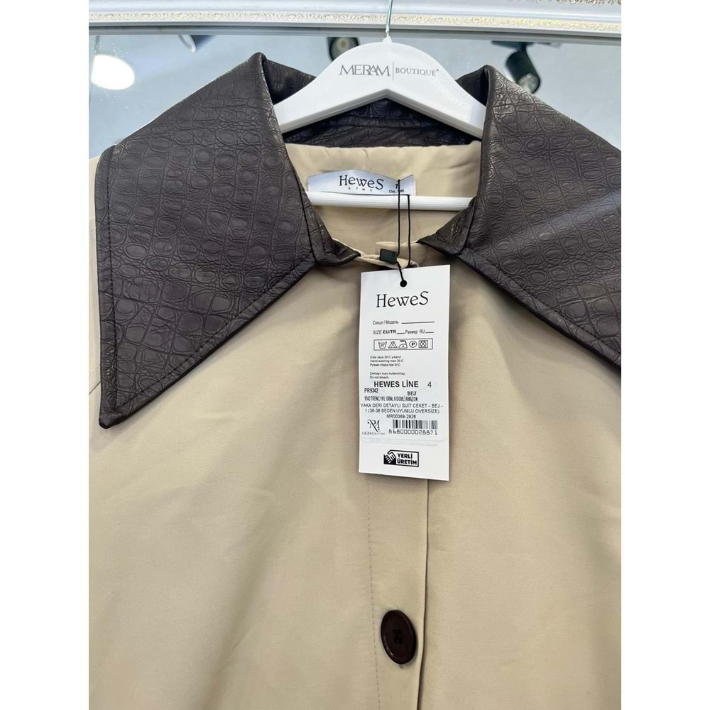 YAKA DERİ DETAYLI SUİT CEKET - BEJ - 1 (36-38 BEDEN UYUMLU OVERSİZE)