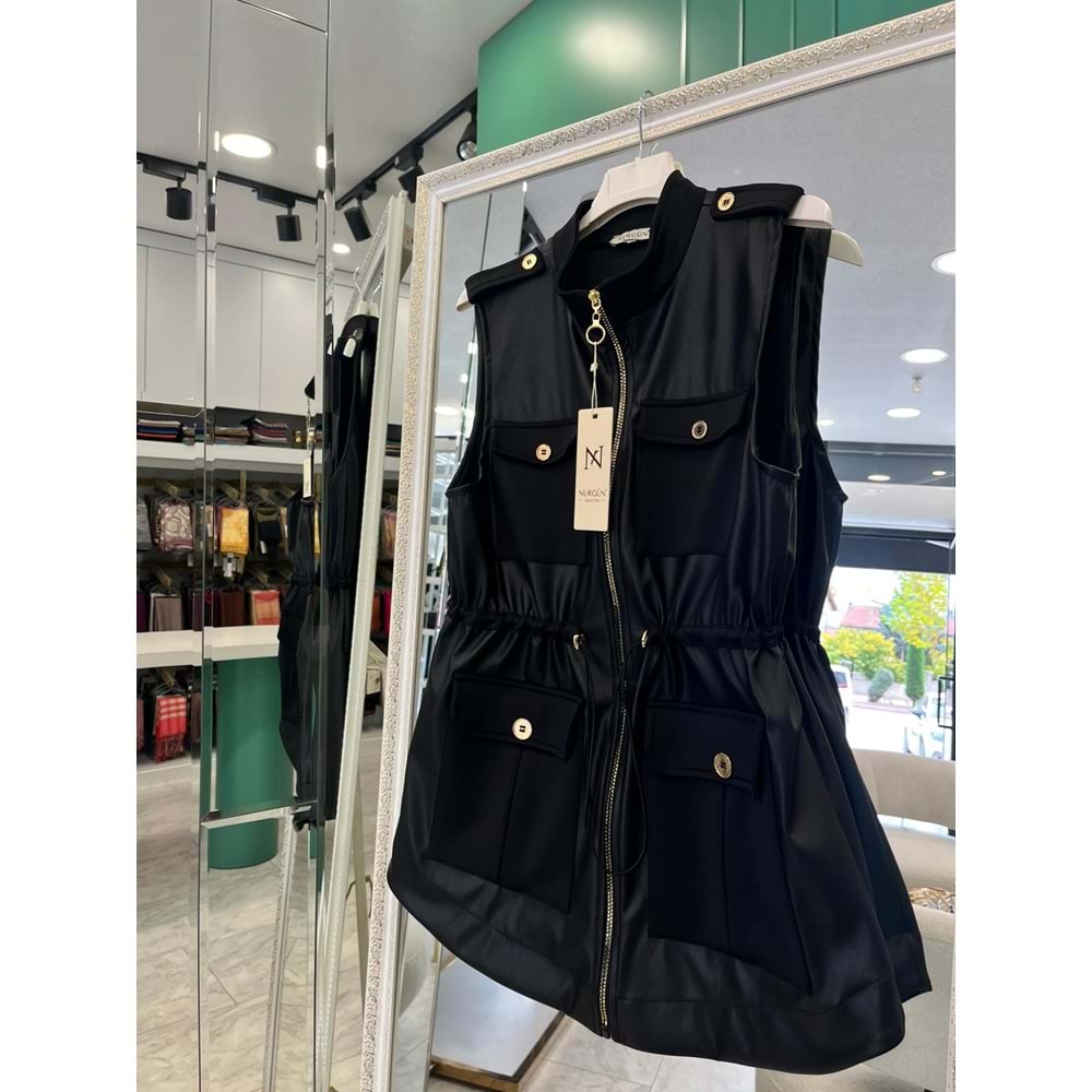 NURGÜN DERİ YELEK CEP DETAYLI - SİYAH - 1