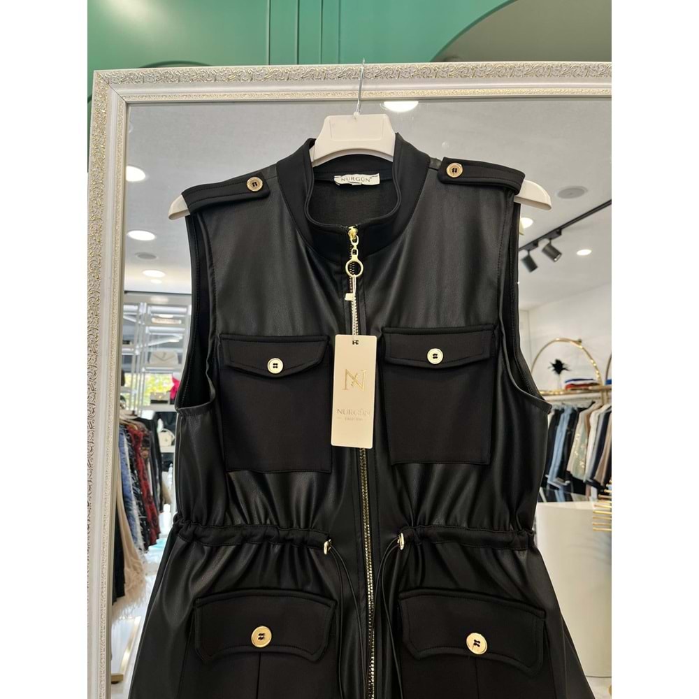 NURGÜN DERİ YELEK CEP DETAYLI - SİYAH - 1