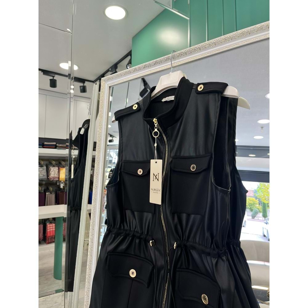 NURGÜN DERİ YELEK CEP DETAYLI - SİYAH - 2