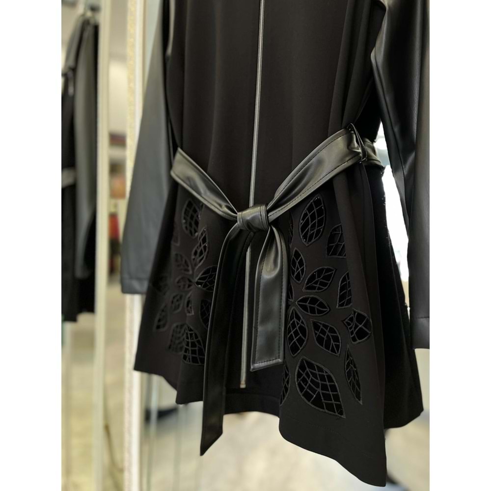 HALE FEUİLLE DERİ DETAYLI CEKET - SİYAH - 2