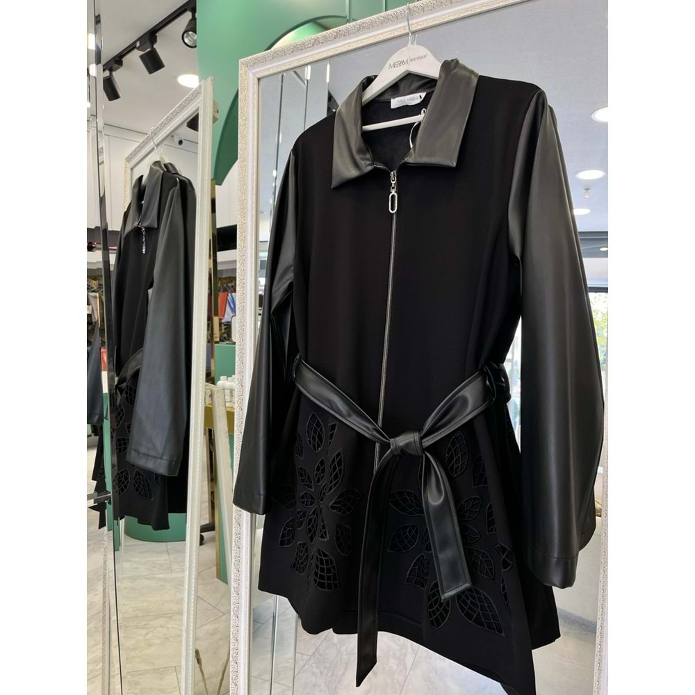 HALE FEUİLLE DERİ DETAYLI CEKET - SİYAH - 3