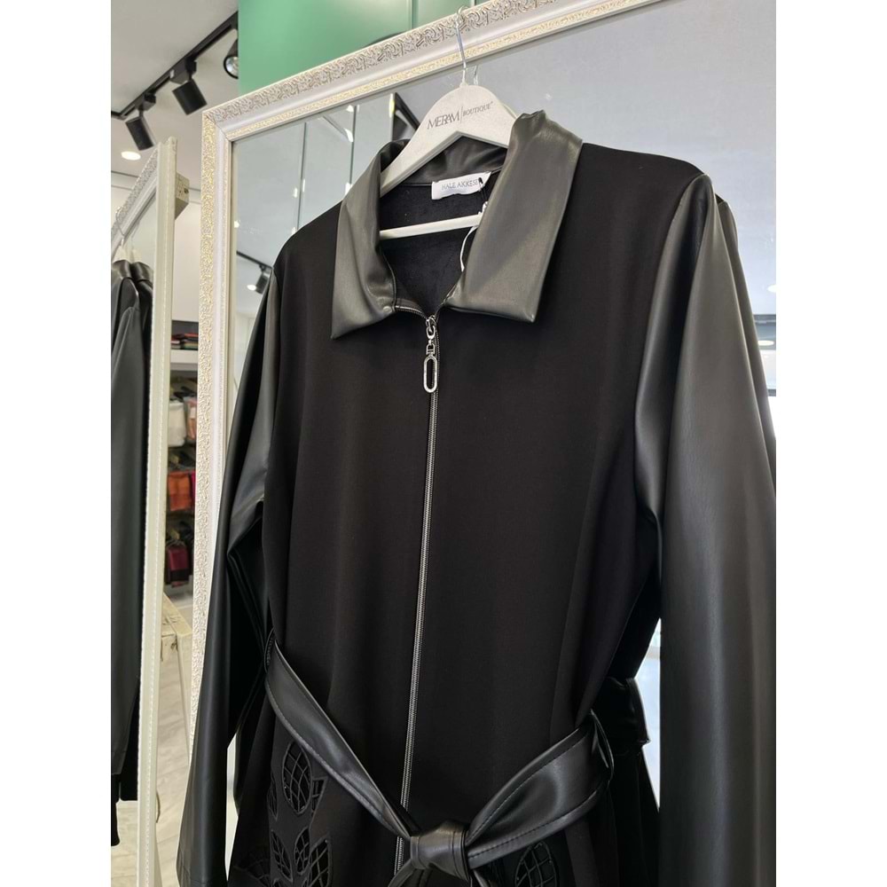 HALE FEUİLLE DERİ DETAYLI CEKET - SİYAH - 3