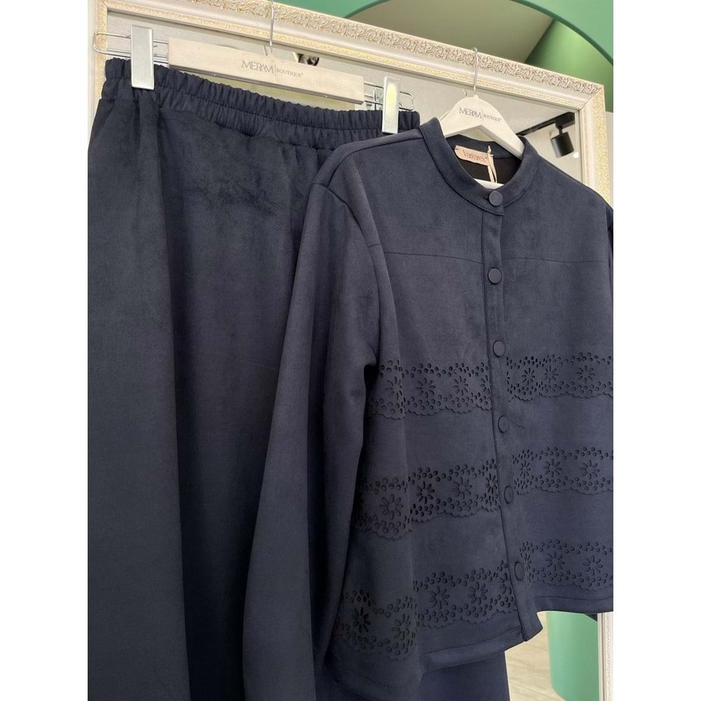 VATKATEX SÜET ETEKLİ TAKIM LAZER KESİM - LACİVERT - 38