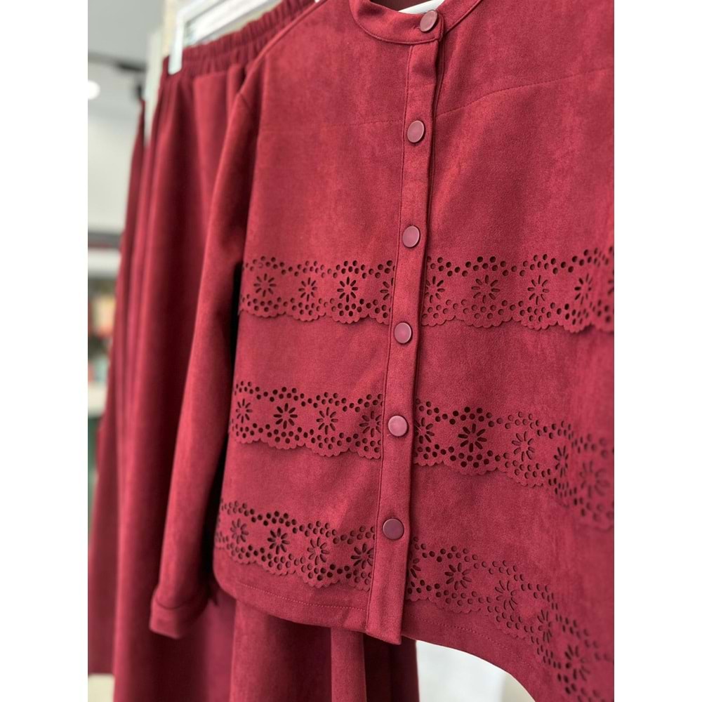 VATKATEX SÜET ETEKLİ TAKIM LAZER KESİM - BORDO - 46