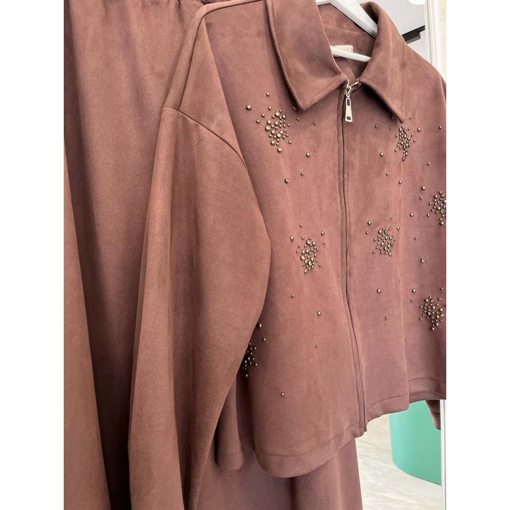 VATKATEX SÜET ETEKLİ TAKIM TAŞLI - KAHVERENGİ - 40