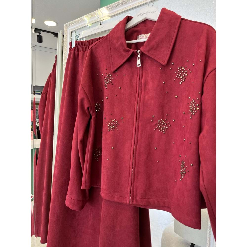 VATKATEX SÜET ETEKLİ TAKIM TAŞLI - BORDO - 44