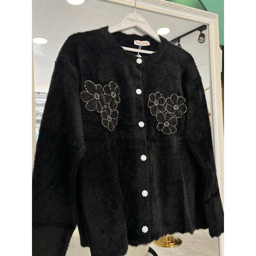 HATUN ANGORA İŞLEMELİ HIRKA (36-42 BEDEN UYUMLU) - SİYAH - STANDART