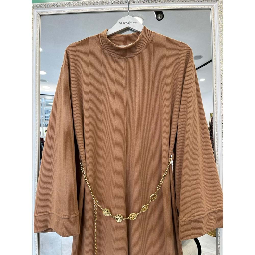 VATKATEX FİTİLLİ TRİKO ELBİSE - CAMEL - 42