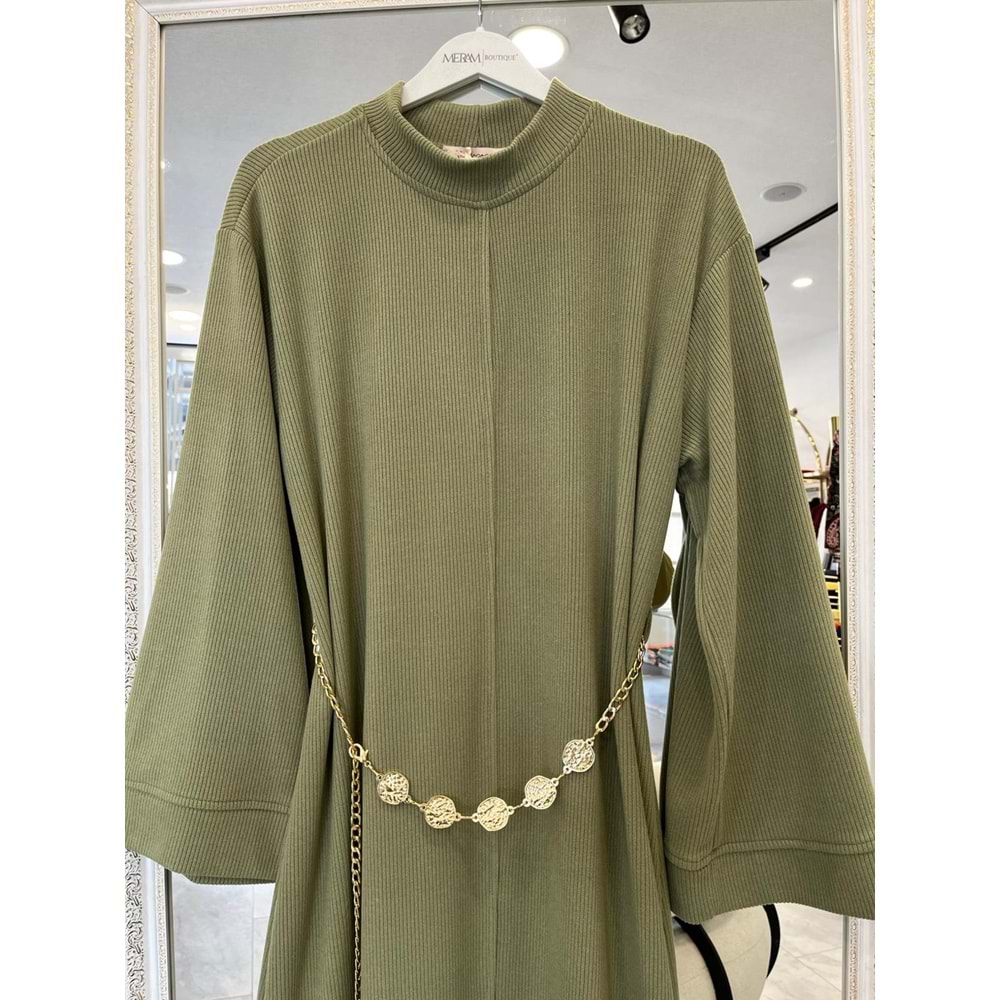 VATKATEX FİTİLLİ TRİKO ELBİSE - MİNT YEŞİLİ - 46