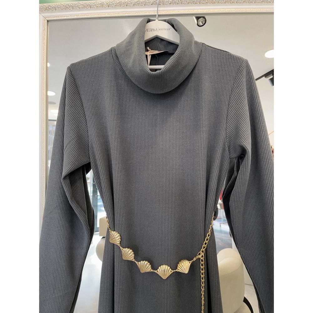 VATKATEX BOĞAZLI FİTİLLİ TRİKO ELBİSE - ANTRASİT - 36