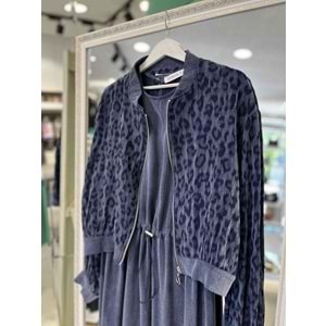 PUANE LEOPAR DESENLİ İPEK CUPRA ELBİSE 12612 - LACİVERT - L