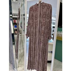 PUANE İPEK CUPRA GÜL DESENLİ ELBİSE - KAHVERENGİ - S