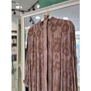 PUANE İPEK CUPRA GÜL DESENLİ ELBİSE - KAHVERENGİ - M