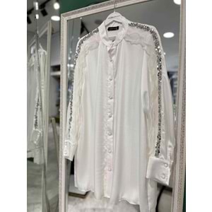 SELİNADA SATEN TUNİK PAYET ÇİÇEK DETAYLI 3151 - BEYAZ - 42