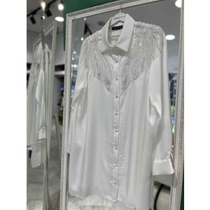 SELİNADA SATEN TUNİK ÇİFT OMUZ BONCUKLU 3155 - BEYAZ - 42