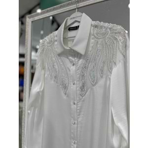 SELİNADA SATEN TUNİK ÇİFT OMUZ BONCUKLU 3155 - BEYAZ - 42