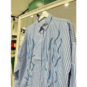 ADN ÇİZGİLİ POPLİN GÖMLEK - MAVİ - 3