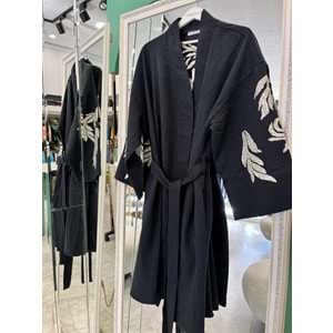 ADN İŞLEMELİ KİMONO PAMUK GABARDİN - SİYAH - (40-46 BEDEN UYUMLU)