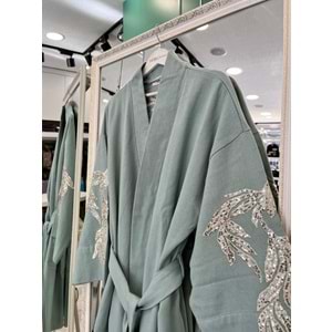 ADN İŞLEMELİ KİMONO PAMUK GABARDİN - MİNT YEŞİLİ - (40-46 BEDEN UYUMLU)