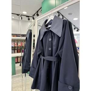 YAKA DERİ DETAYLI SUİT CEKET - LACİVERT - 1 (36-38 BEDEN UYUMLU OVERSİZE)