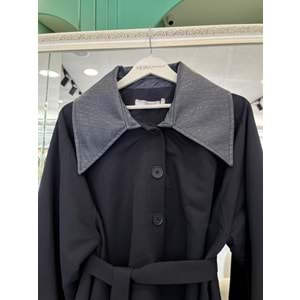 YAKA DERİ DETAYLI SUİT CEKET - LACİVERT - 1 (36-38 BEDEN UYUMLU OVERSİZE)