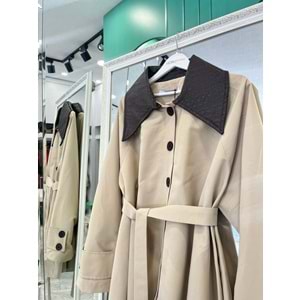 YAKA DERİ DETAYLI SUİT CEKET - BEJ - 1 (36-38 BEDEN UYUMLU OVERSİZE)