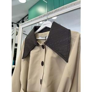 YAKA DERİ DETAYLI SUİT CEKET - BEJ - 1 (36-38 BEDEN UYUMLU OVERSİZE)