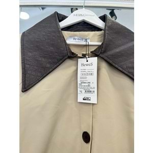 YAKA DERİ DETAYLI SUİT CEKET - BEJ - 1 (36-38 BEDEN UYUMLU OVERSİZE)