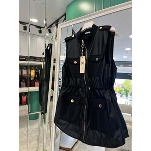 NURGÜN DERİ YELEK CEP DETAYLI - SİYAH - 1