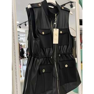 NURGÜN DERİ YELEK CEP DETAYLI - SİYAH - 2