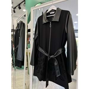 HALE FEUİLLE DERİ DETAYLI CEKET - SİYAH - 2